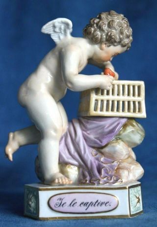 Antique MEISSEN Caged Captured Heart TE LE CAPTIVE Cupid Angel Putti Figure 3