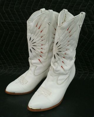 Womens Vintage Dingo White Leather W/ Tips Mid Calf Western Cowboy Boots 9 M