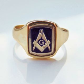 Fine Vintage Masonic 9ct Gold & Enamel Swivel Signet Ring C1984; Uk Size 
