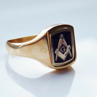 Fine Vintage Masonic 9ct Gold & Enamel Swivel Signet Ring c1984; UK Size ' T 1/2 ' 2