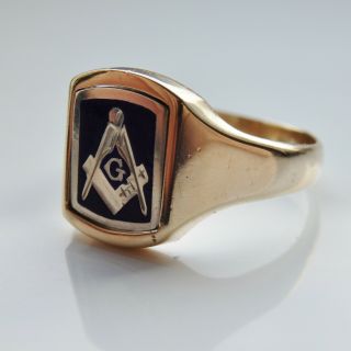 Fine Vintage Masonic 9ct Gold & Enamel Swivel Signet Ring c1984; UK Size ' T 1/2 ' 4
