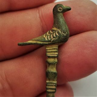 Ancient Roman Artifact,  A Bronze Pin With A Bird On Top,  About 2 - 3 Ad.