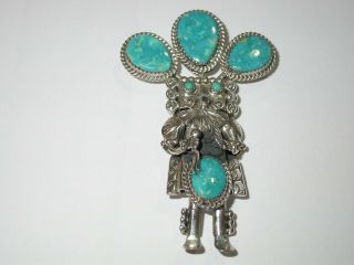 Signed Turquoise Vintage Sterling Silver Navajo Kachina Brooch Pendant