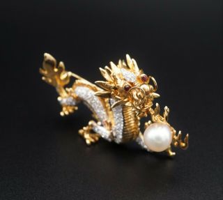 Vintage Solid 18k Yellow Gold Dragon Diamond Ruby Pearl Brooch Pin Og216