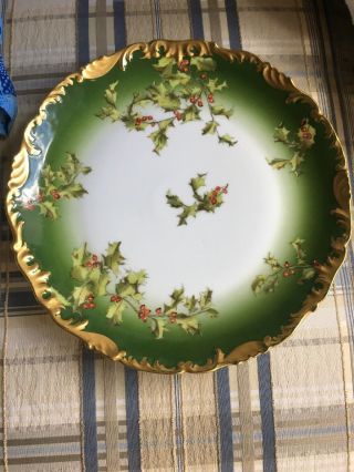 Antique T&v Limoges Porcelain 11” Plate Xmas Holly & Berries W Gilt Trim