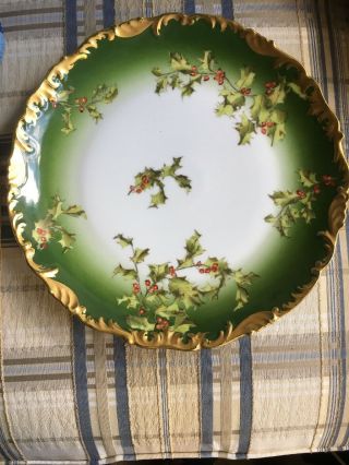 Antique T&V LIMOGES Porcelain 11” Plate Xmas HOLLY & BERRIES w GILT Trim 5