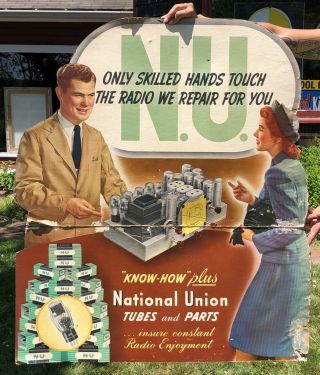 RARE Vintage NATIONAL UNION Tubes Parts Radio Repair Shop Dealer Die Cut Sign 12
