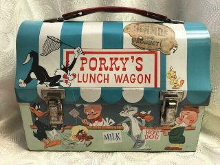 Vintage 1959 Porky ' s Lunch Wagon Metal Dome Lunch Box w/Thermos Looney Tunes 2
