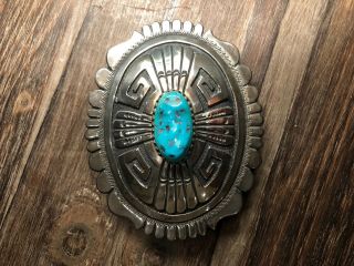 Vintage Navajo Sterling Silver And Turquoise Buckle Signed T Singer