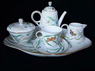 Antique Copeland Porcelain England Rare Butterflies Tea For One On Tray Set 1890