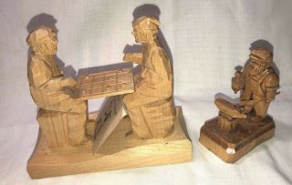 2 Old Quebec Wooden Carvings Checker Players By Daigle & Blacksmith By Gaudreau