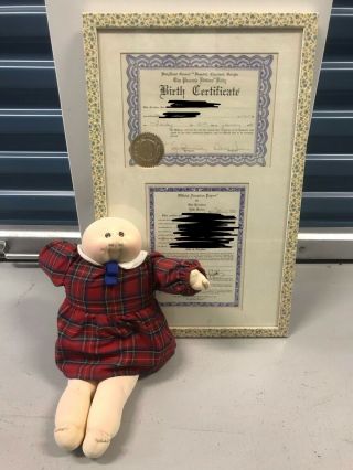 Xavier Roberts Signed 1981 Cabbage Patch Baby Doll W/ Framed Adoption Papers