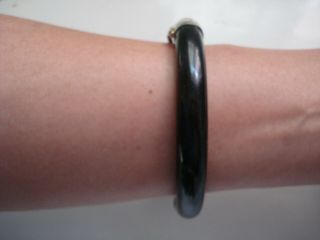 Antique 1880s Heavy Japanese Black Jade Pure Silver Hinged 7.  5 " Bangle