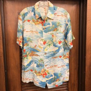 Vintage 1950’s Cartoon Natives Pattern Loop Collar Crepe Hawaiian Shirt - M