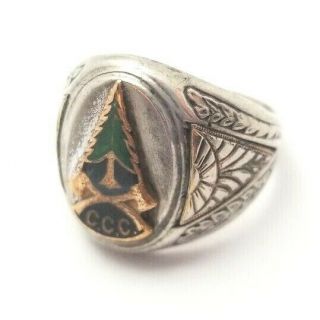 Vintage Ccc Civilian Conservation Corps Sterling Silver Ring,  8.  5 G,  Size 10.  5