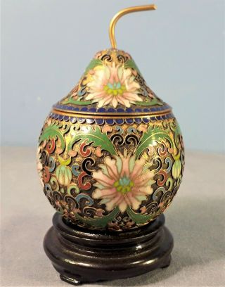 Vintage Chinese Cloisonne Pear Shaped Lidded Jar On A Wooden Base