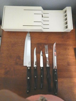 VTG CUTCO 5 Piece Brown/Black Handle Knife Set W/ Wall Storage Box 2