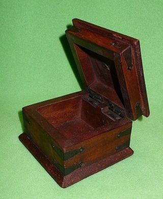 Vintage Handcrafted Wooden Box W/ornate Metal Trimming & Edges.  3 " H X 3 7/8 " Sq