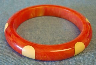 Vintage 6 Polka Dot Bakelite Bangle Bracelet Marbled Red & Yellow Dots