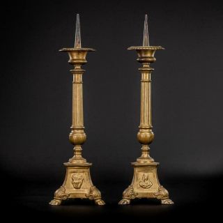 Candlestick Pair | Two Church Candle Holders | 2 Antique Gilded Metal | 18 "