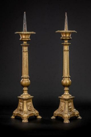Candlestick Pair | Two Church Candle Holders | 2 Antique Gilded Metal | 18 