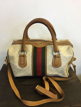 Vtg Gucci Boston Speedy Handbag Purse Authentic Og Strap Canvas Stripe Monogram