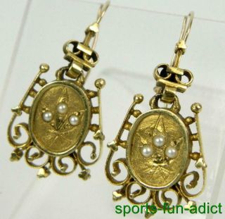 Victorian Etruscan Seed Pearl 14k Yellow Gold Etched Dangle Earrings