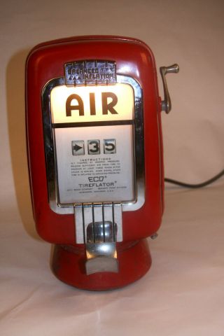 Vintage Eco Tireflator Air Meter Model 97 Red Chrome Wall Mount Gas Station Pump 12