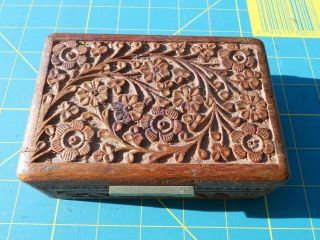 Vintage Hand Carved Brown Wood Trinket Box Sarna India 955