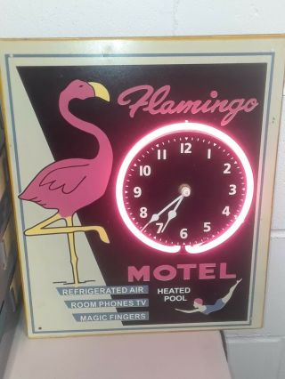 Rustic Vintage Pink Flamingo Motel Neon Sign Wall Clock Distressed