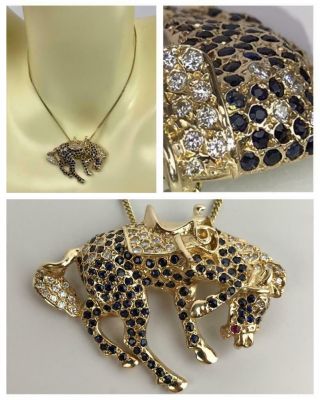 Big Vintage Sapphire Diamond Ruby,  14k Gold Horse Dressage Pendant Chain Necklace