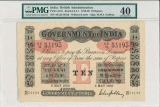 Government Of India India 10 Rupees 1920 Rare For The Pmg 40