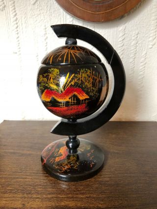 Vintage Hand Painted Wooden Black Lacquer Globe Ashtray.  Asian Oriental Vgc.