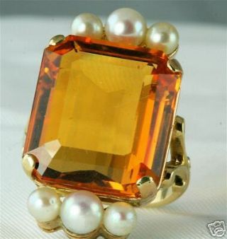 Vintage Estate 14k Gold Large Citrine Pearl Ring Size 7
