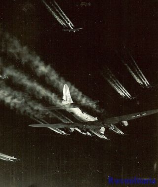 Org.  Photo: Aerial View 381st Bomb Group B - 17 Bombers Leaving Contrails