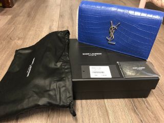 100 Auth & Rare Yves Saint Laurent Croc Embossed Leather Royal Blue Clutch