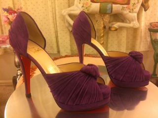 Christian Louboutin Stiletto Pumps Purple Ruched Suede Knot Accent Retail $1095