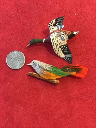 Vintage Folk Art Hand Carved Wooden Bird Pins