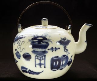 Antique Japanese Blue & White Porcelain Teapot Decorated With Scholar Objects