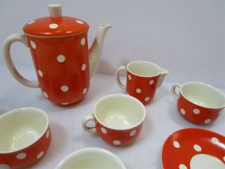 Vintage Waechtersbach Orange - Red W White Polka Dot Tea Set / Plates Cups Teapot