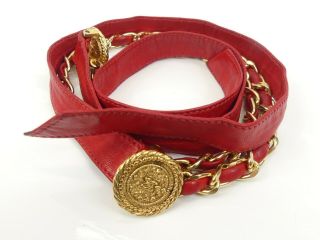 Ra1705 Auth Chanel Vintage Gold Plated Cc Charm Red Leather Chain Belt