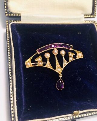 Antique,  Edwardian 15ct Gold Brooch,  Set With Seed Pearls And Amethysts