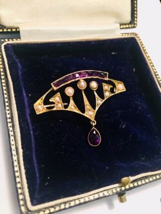 Antique,  Edwardian 15ct Gold Brooch,  Set With Seed Pearls And Amethysts 2