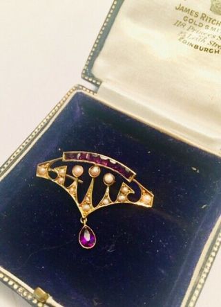 Antique,  Edwardian 15ct Gold Brooch,  Set With Seed Pearls And Amethysts 3