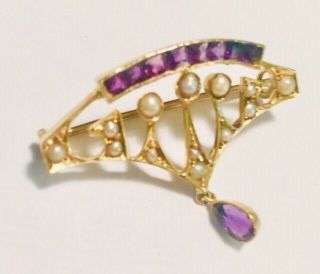 Antique,  Edwardian 15ct Gold Brooch,  Set With Seed Pearls And Amethysts 4