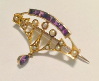 Antique,  Edwardian 15ct Gold Brooch,  Set With Seed Pearls And Amethysts 5
