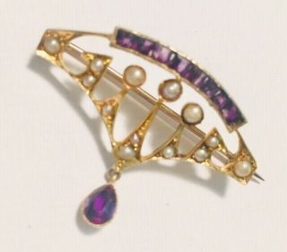 Antique,  Edwardian 15ct Gold Brooch,  Set With Seed Pearls And Amethysts 6