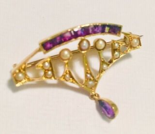 Antique,  Edwardian 15ct Gold Brooch,  Set With Seed Pearls And Amethysts 8