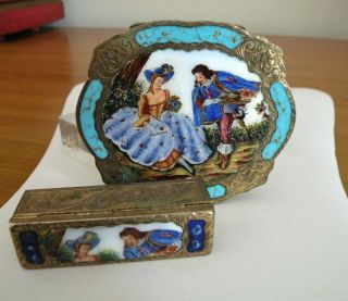 Vintage Italy Enameled Silver Compact & Lipstick Case Lovers Scene Gold Vermeil