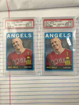 2x 2013 Topps Heritage Wal - Mart Blue Border Mike Trout 430 Psa 10 Gem Rare